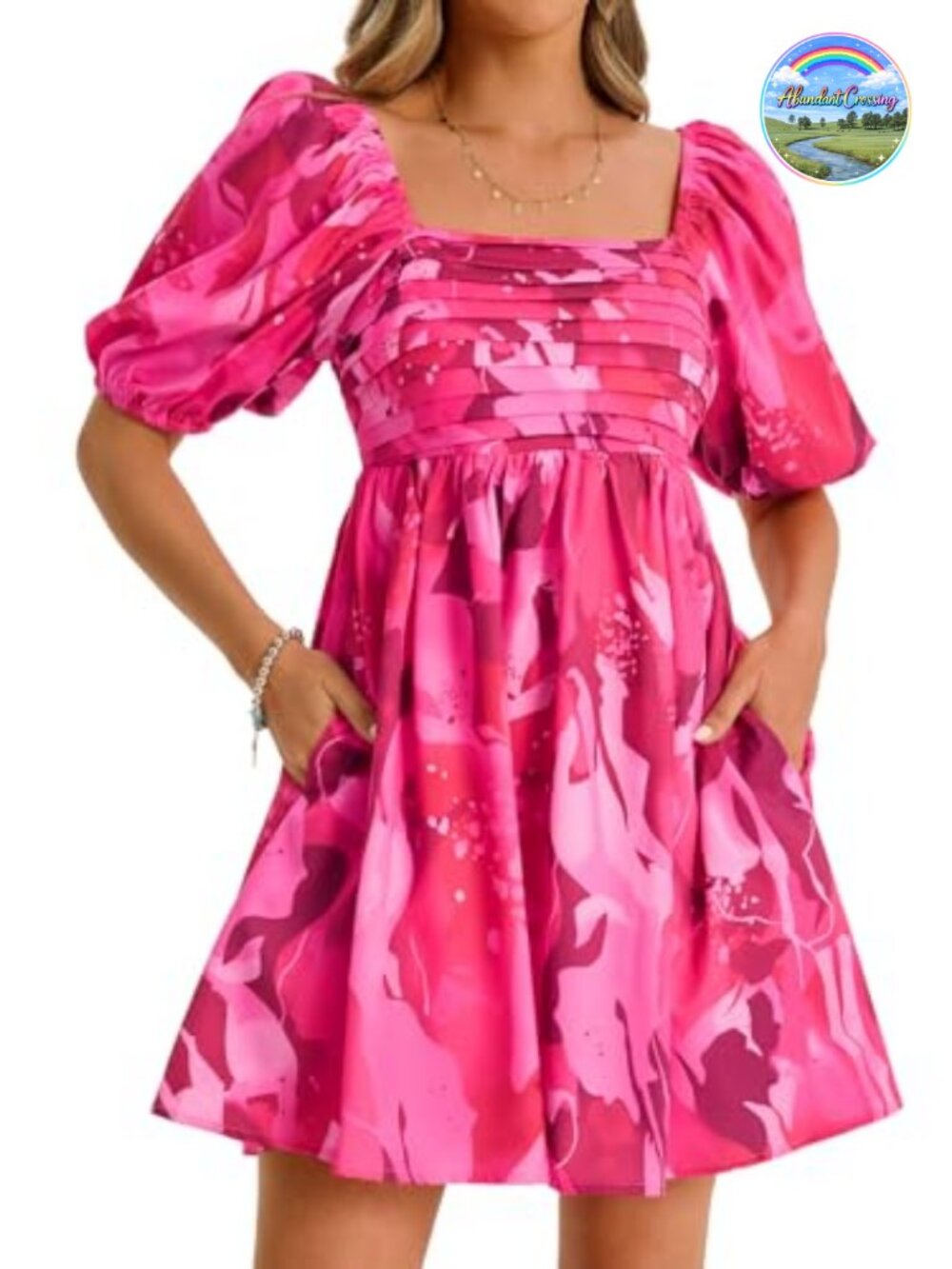 Womens Floral Mini Dress Square Neck Puff Short Sleeve Smocked A-Line Babydoll